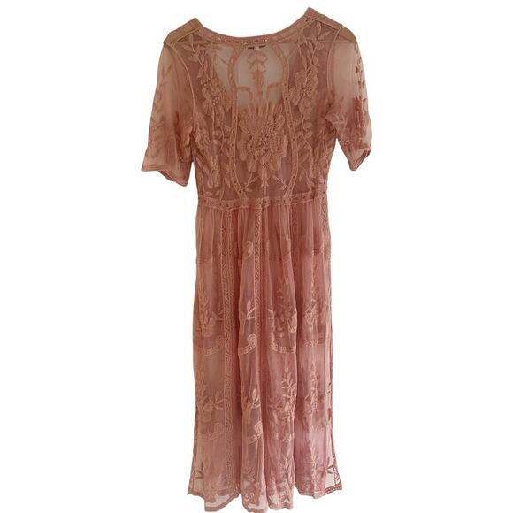 Vintage Woven Heart Lace Sheer Embroidered Boho Dress Pink Midi Sz Medium Floral - Picture 2 of 5